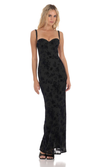 Lucy In The Sky Mesh Velvet Floral Maxi Dress in Black