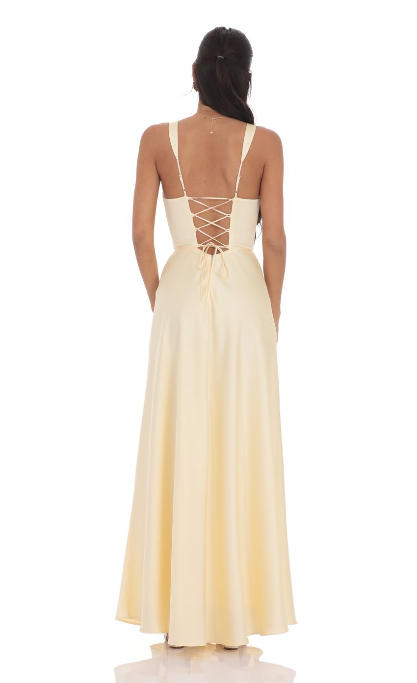 Lucy In The Sky Satin Plunge Neck Corset Maxi Dress in Yellow