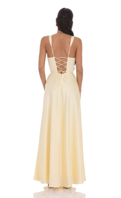 Lucy In The Sky Satin Plunge Neck Corset Maxi Dress in Yellow