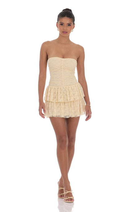 Lucy In The Sky Lace Strapless Ruched Ruffle Dress in Beige