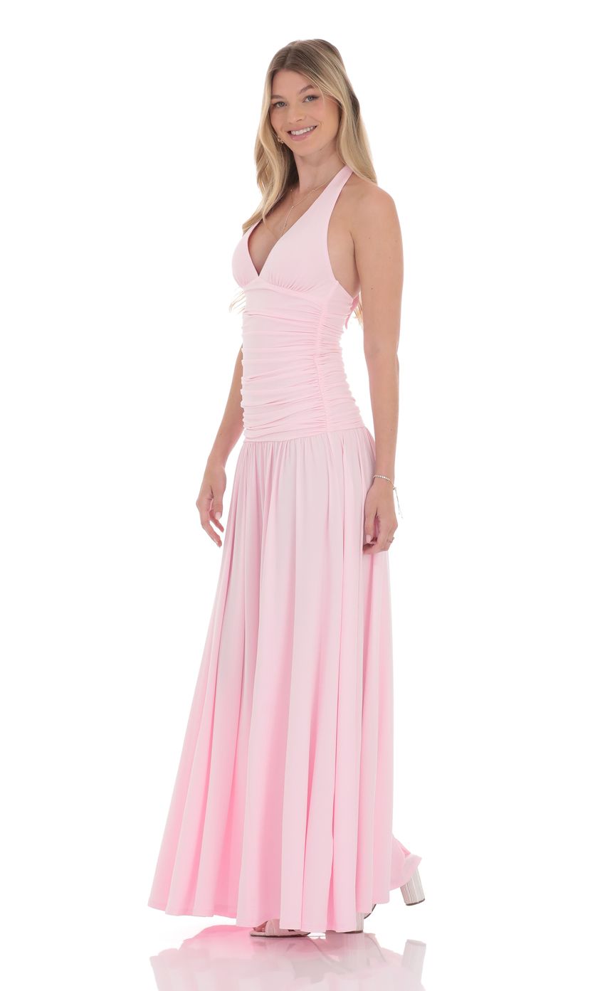 Lucy In The Sky Halter Drop Waist Maxi Dress in Pink