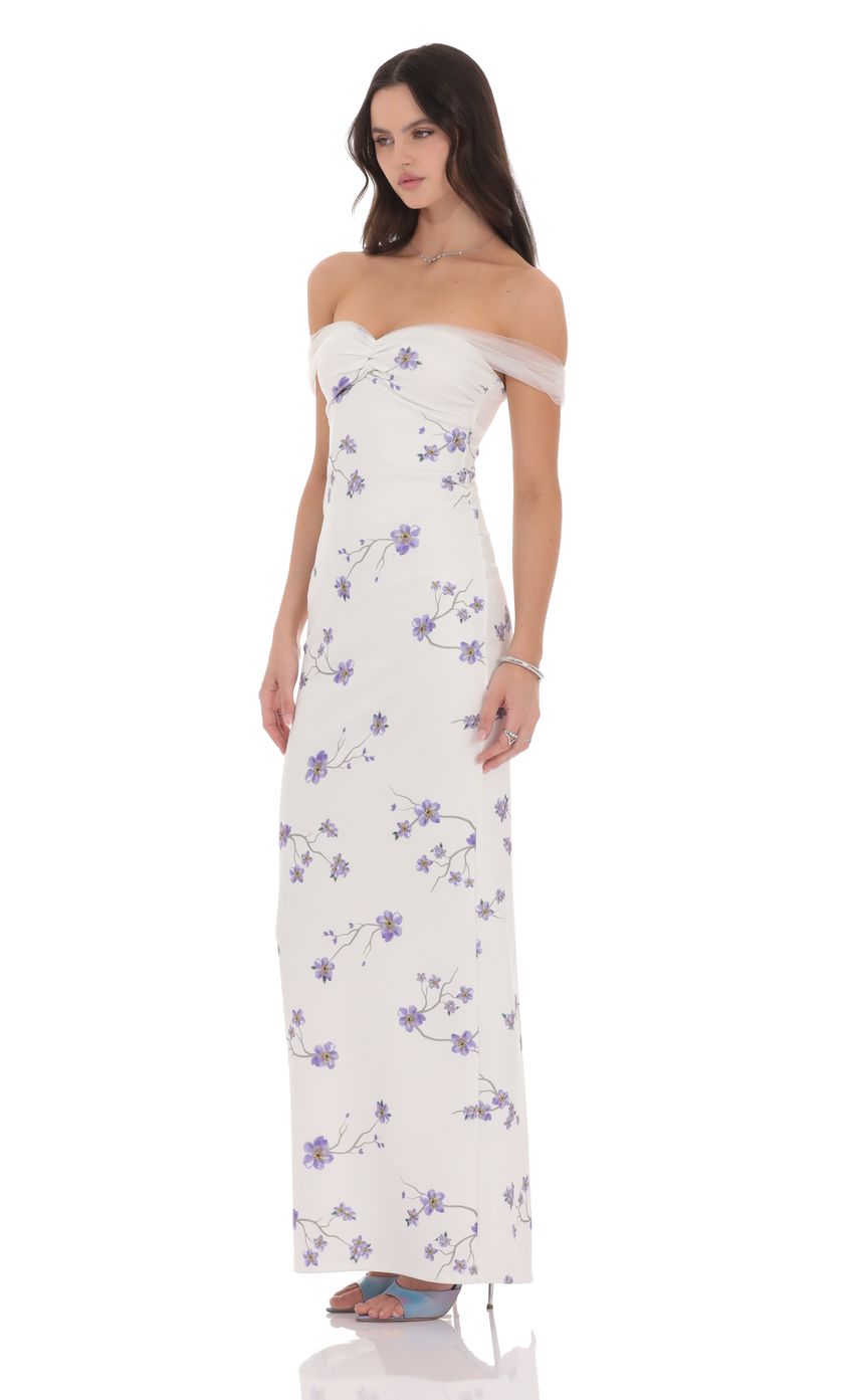Lucy in the Sky Tulle Off Shoulder Floral Maxi Dress in White