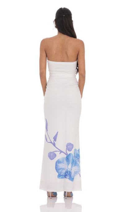 Lucy In The Sky Strapless Floral Print Maxi Dress in White