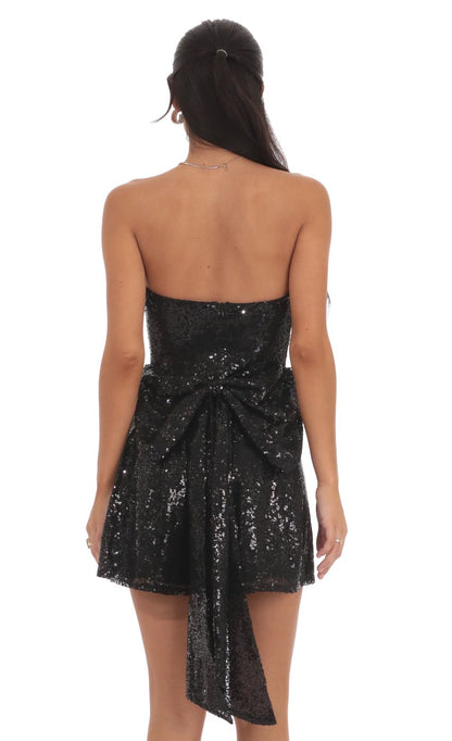 Lucy In The Sky Sequin Back Bow Dress in Black