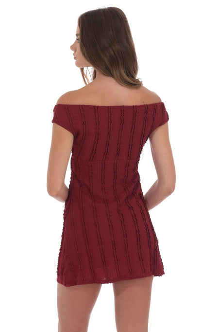 Lucy In The Sky Off Shoulder Lace Dress in Maroon