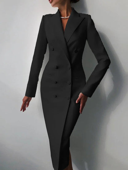 Ursime Formal Peak Lapel Double Breasted Long Sleeve Blazer Midi Dress