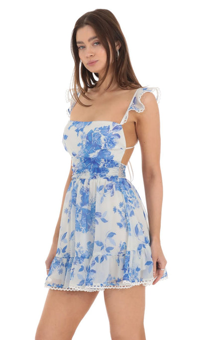 Lucy In The Sky Blue Floral Fit and Flare Dress in White