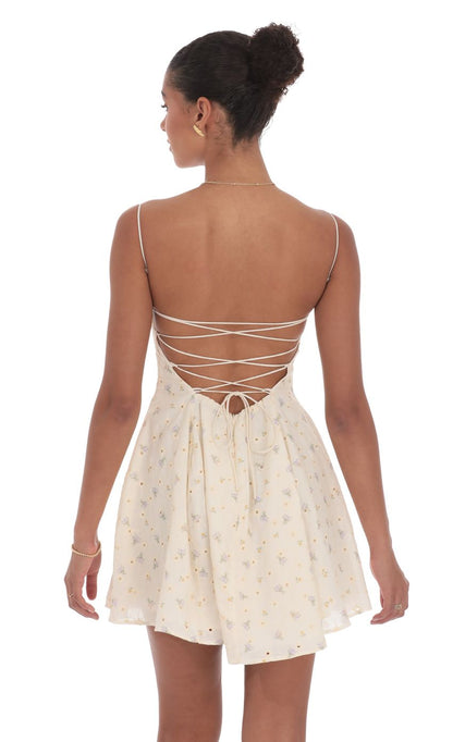Lucy In The Sky Floral Eyelet Fit and Flare Dress in Cream