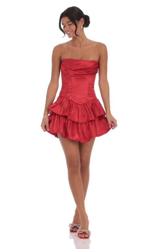 Lucy In The Sky White Satin Corset Strapless Dress in Red