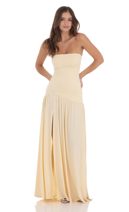 Lucy in the Sky Strapless Drop Waist Maxi Dress in Cream