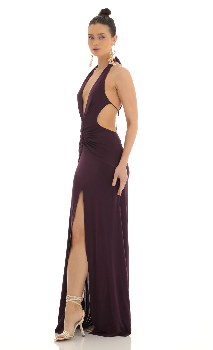 Lucy In The Sky Front Slit Open Back Maxi Dress in Purple