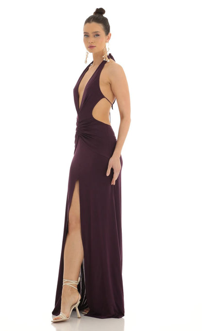 Lucy In The Sky Front Slit Open Back Maxi Dress in Purple