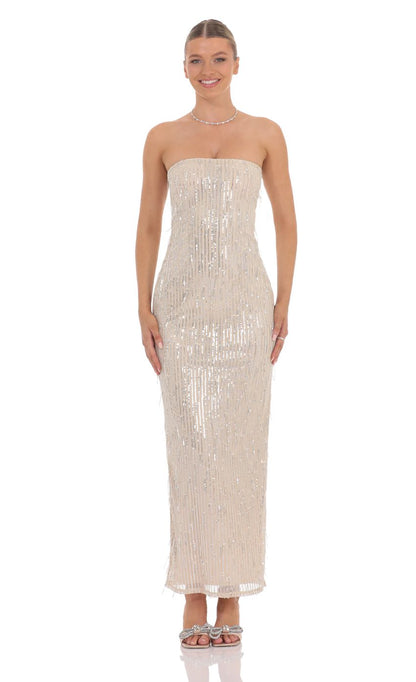 Lucy In The Sky Fringe Sequin Strapless Maxi Dress in Champagne