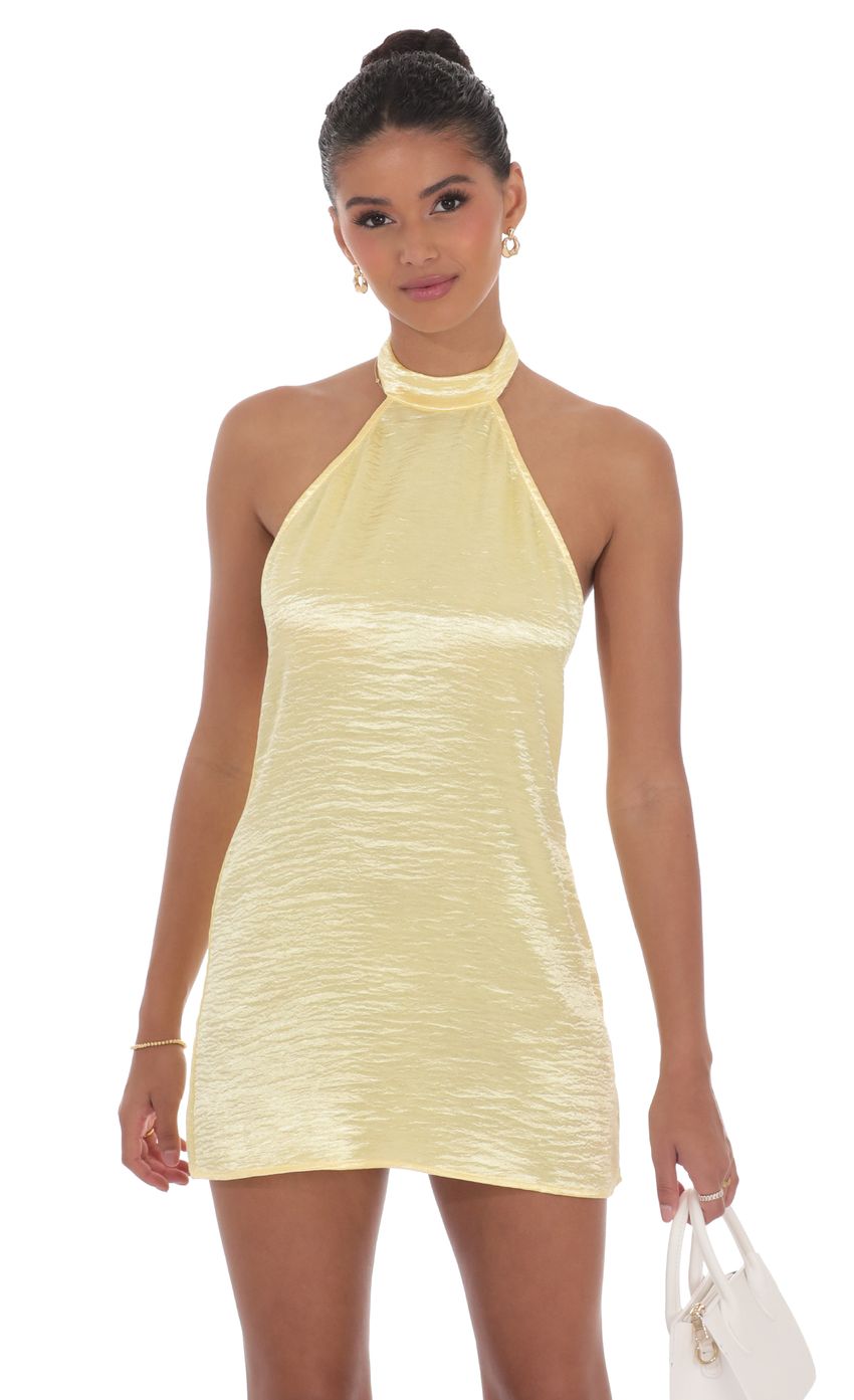 Lucy In The Sky Satin Halter Shift Dress in Yellow