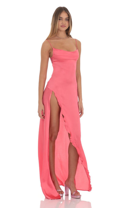 Lucy In The Sky Cowl Neck Satin Open Back Maxi Dress in Coral