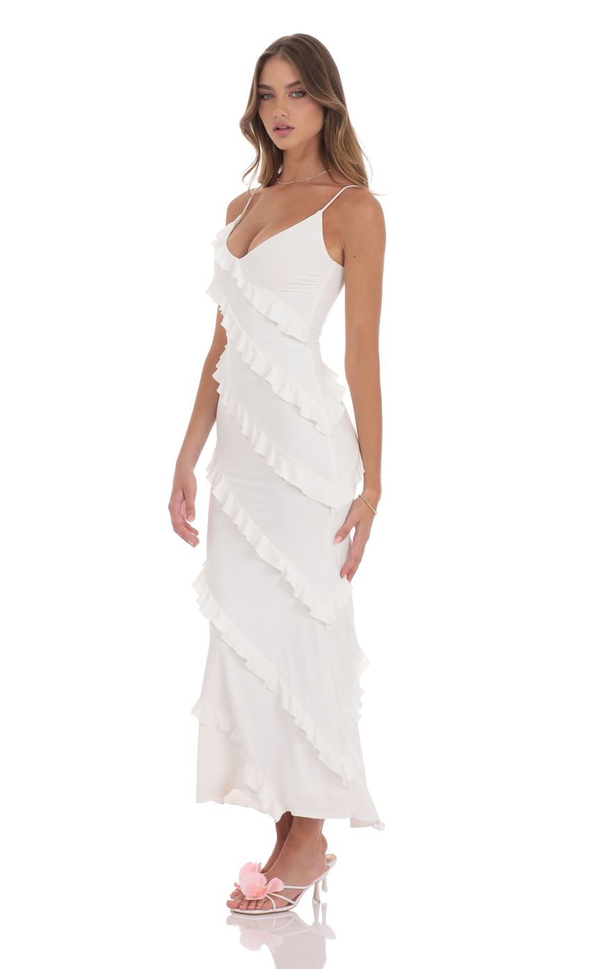 Lucy In The Sky Ruffle V-Neck Maxi Dress in White