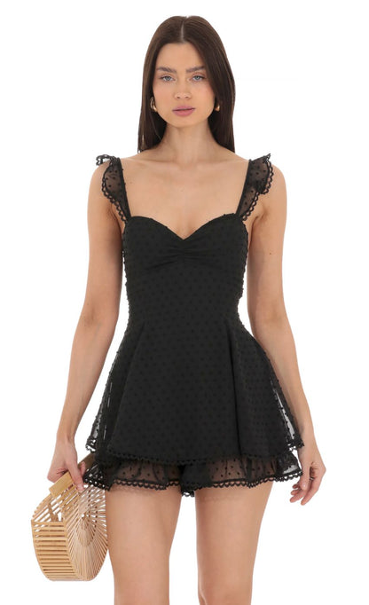 Lucy In The Sky Dotted Sweetheart Neck Romper in Black