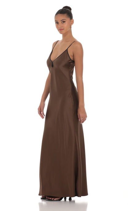 Lucy in the Sky Satin Shift Maxi Dress in Brown