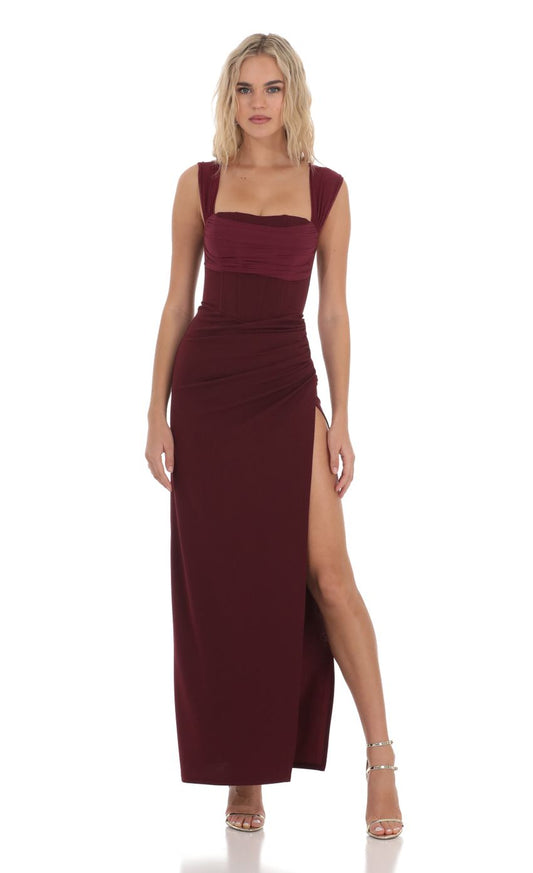 Lucy In The Sky Mesh Draped Corset Maxi Dress in Burgundy