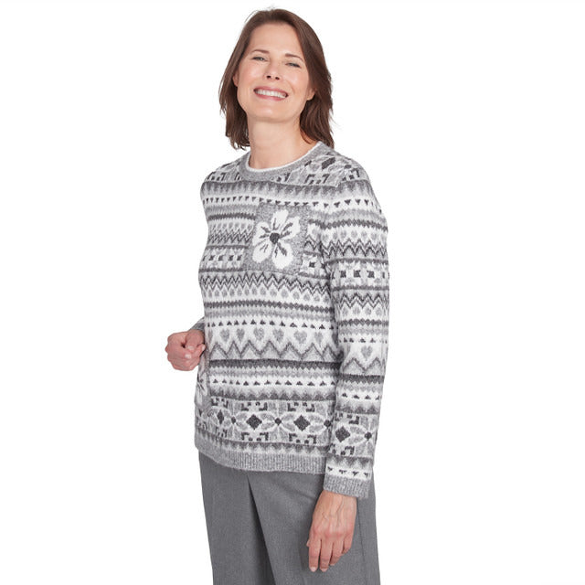 Alfred Dunner Women's Fairisle Biadere Patch Sweater