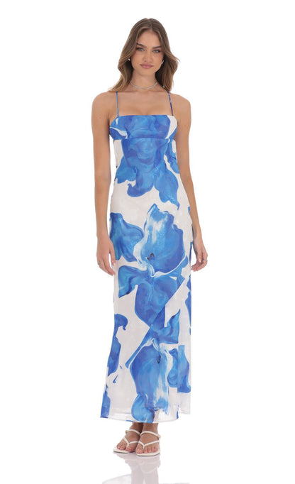 Lucy In The Sky Floral Open Back Maxi Dress in White & Blue
