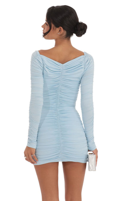 Lucy In The Sky Ruched Long Sleeve Bodycon Dress in Light Blue