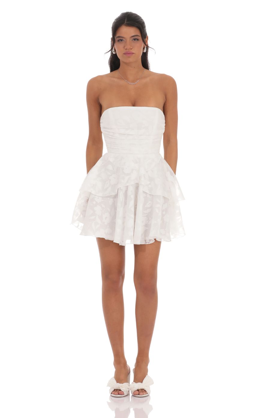 Lucy In The Sky Floral Corset Strapless Ruffle Dress in White