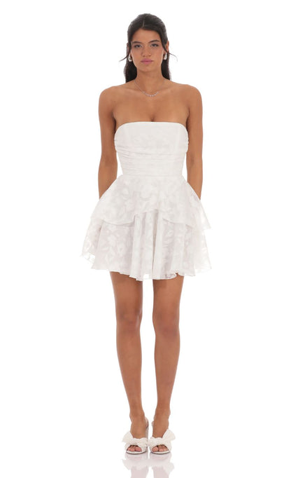 Lucy In The Sky Floral Corset Strapless Ruffle Dress in White