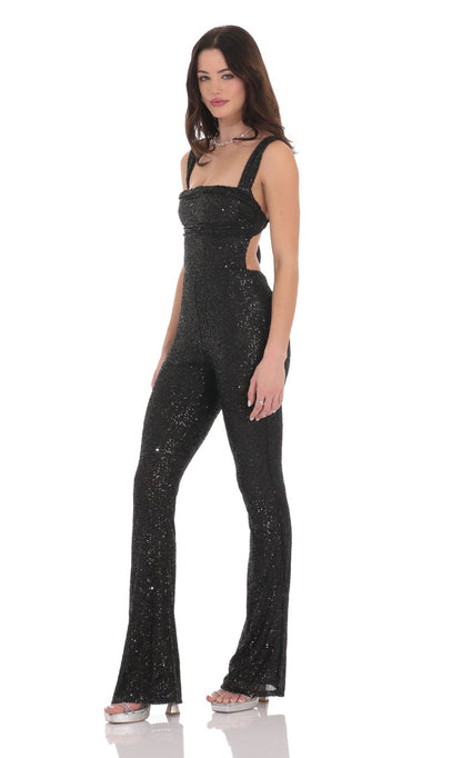Lucy In The Sky Sequin Back Tie Jumpsuit in Black
