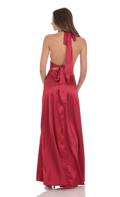 Lucy In The Sky Satin Halter Maxi Dress in Red