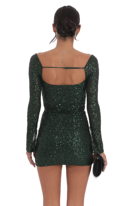 Lucy In The Sky Knit Sequin Long Sleeve Dress in Green