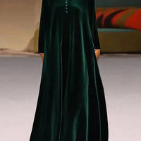 Ursime Elegant Half Buttons Long Sleeve Velvet Midi Dress