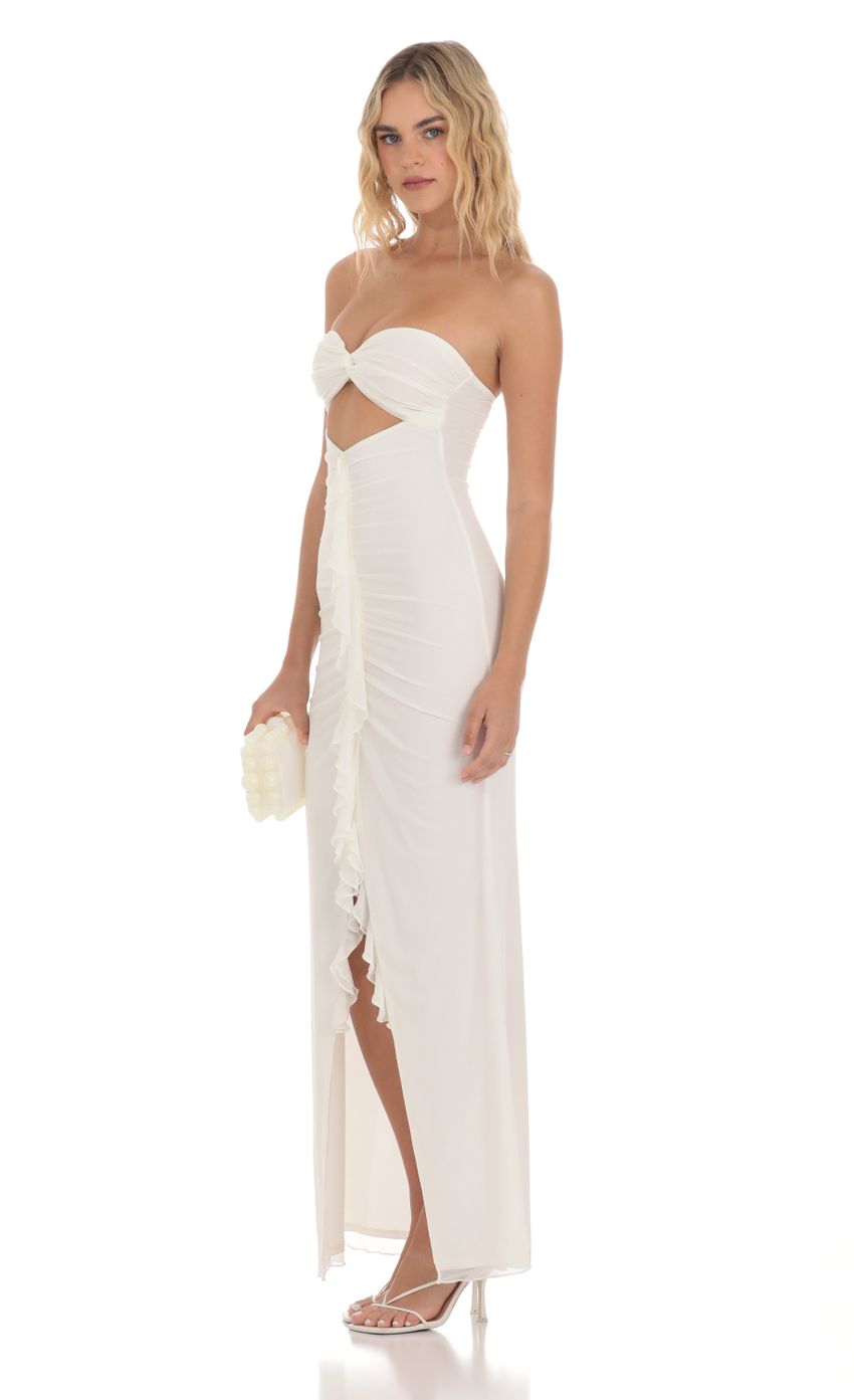 Lucy in the Sky Mesh Cutout Ruffle Maxi Dress in White