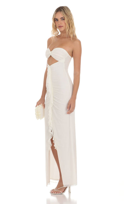 Lucy in the Sky Mesh Cutout Ruffle Maxi Dress in White
