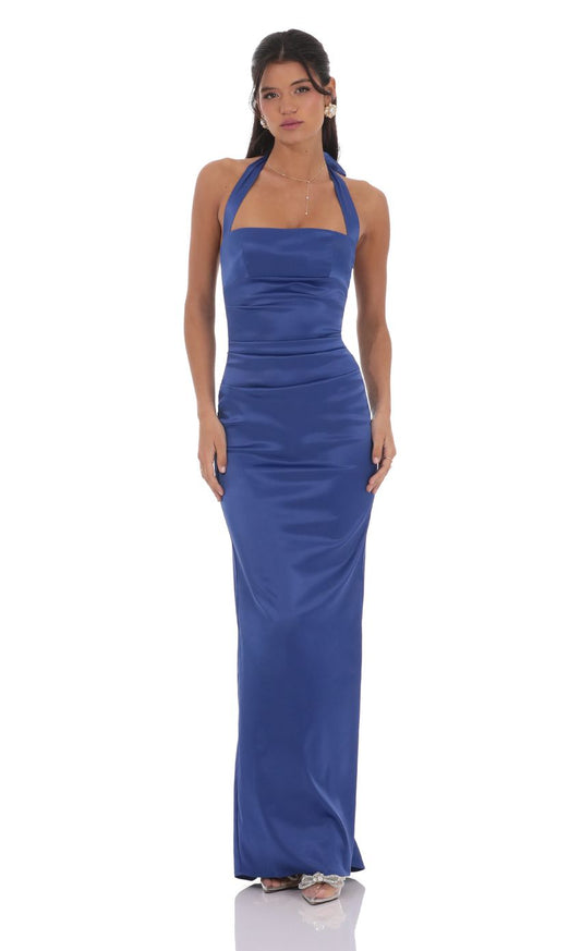 Lucy In The Sky Satin Halter Maxi Dress in Blue