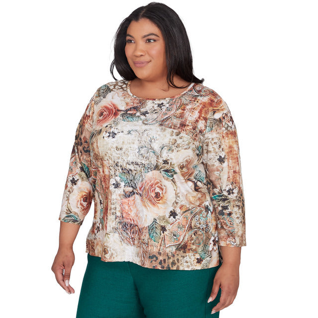 Alfred Dunner Women's Center Lace Floral Print Top