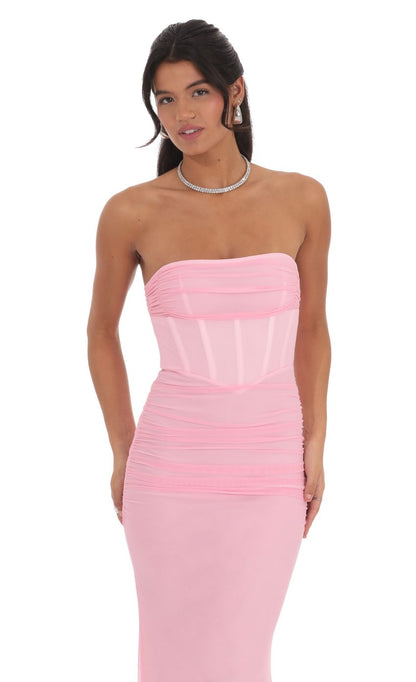 Lucy In The Sky Mesh Strapless Corset Maxi Dress in Pink