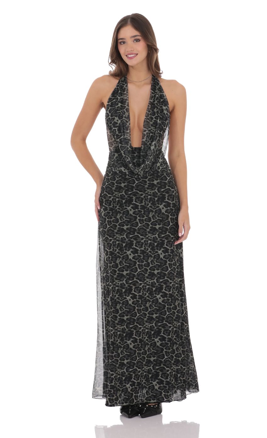 Lucy In The Sky Plunge Cowl Neck Maxi Dress in Cheetah Print