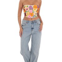 Lucy in the Sky 3-D Flower Strapless Top in Cream