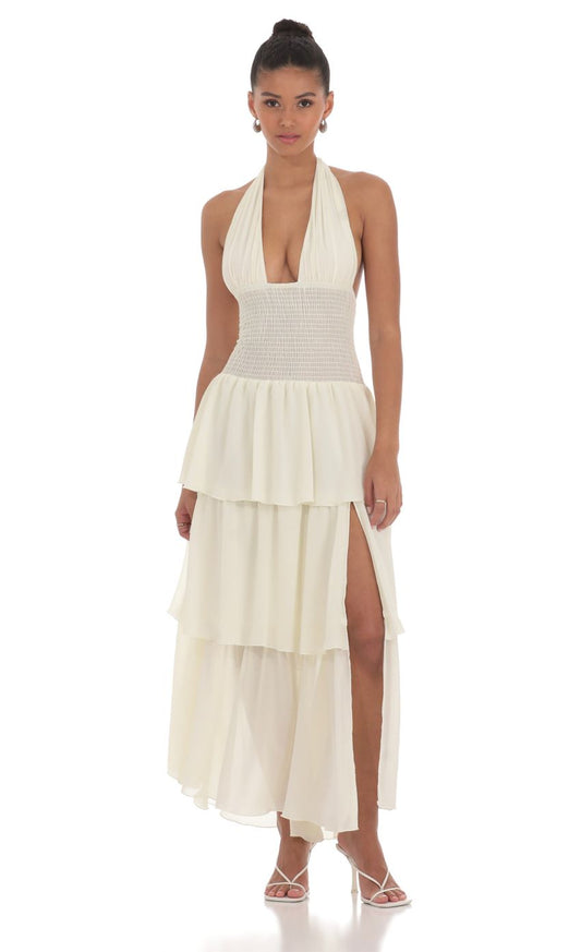 Lucy in the Sky Smocked Halter Maxi Dress in Cream