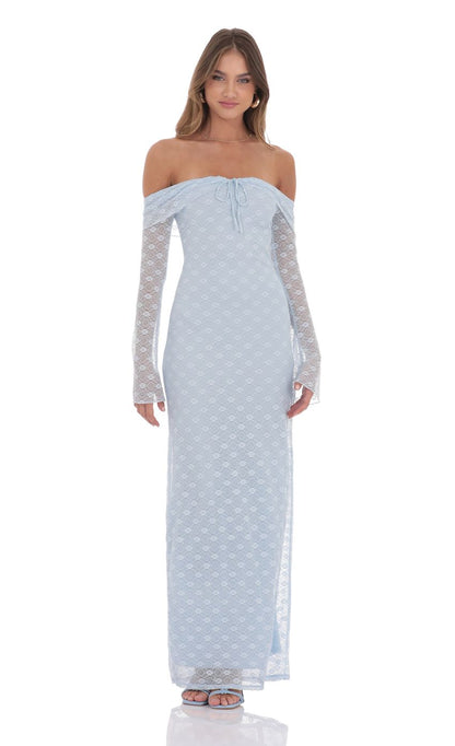 Lucy In The Sky Lace Off Shoulder Maxi Dress in Light Blue
