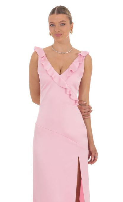 Lucy In The Sky Satin V-Neck Open Back Maxi Dress in Pink