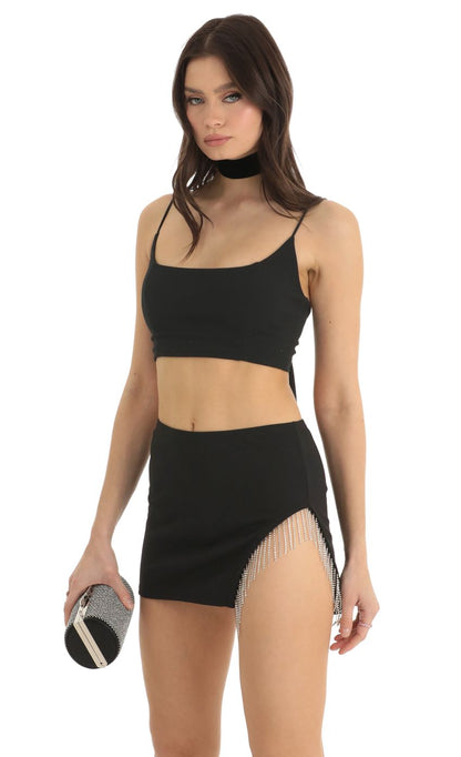 Lucy In The Sky Rhinestone Two Piece Skirt Set in Black