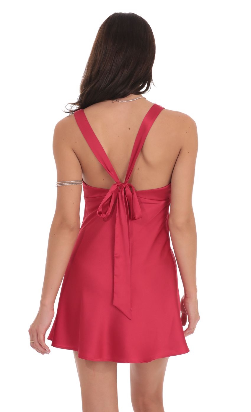 Lucy In The Sky Satin V-Neck Open back Dress in Red