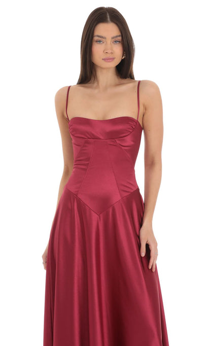 Lucy In The Sky Satin Square Neck Maxi Dress in Maroon