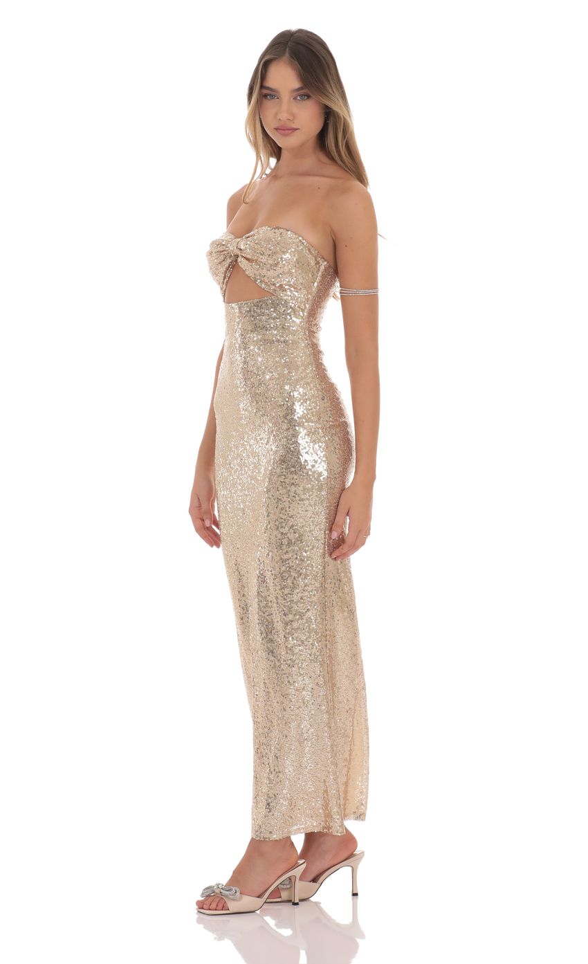 Lucy in the Sky Sequin Bow Cutout Maxi Dress in Gold