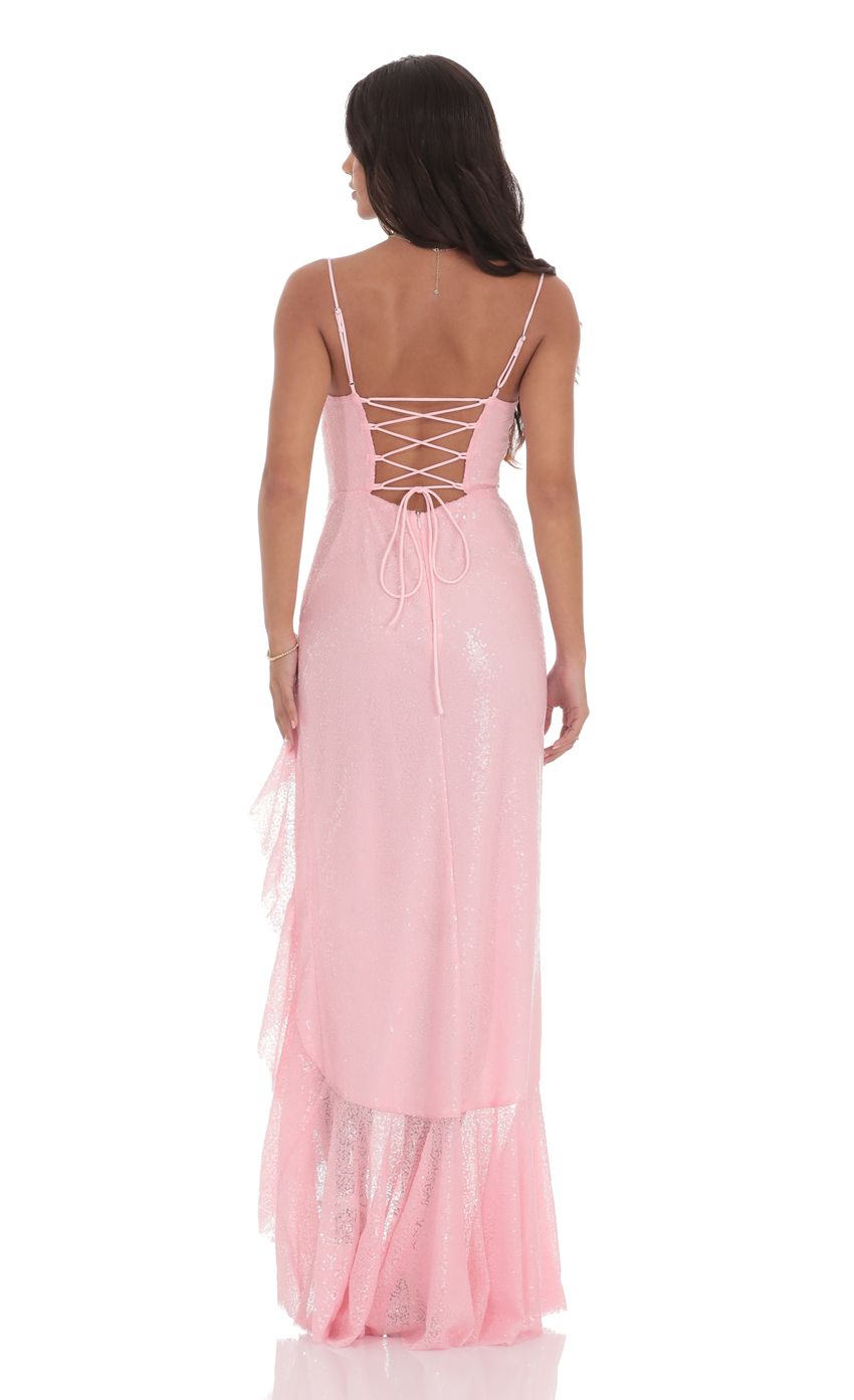 Lucy In The Sky Sequin Ruffle Maxi Dress in Pink