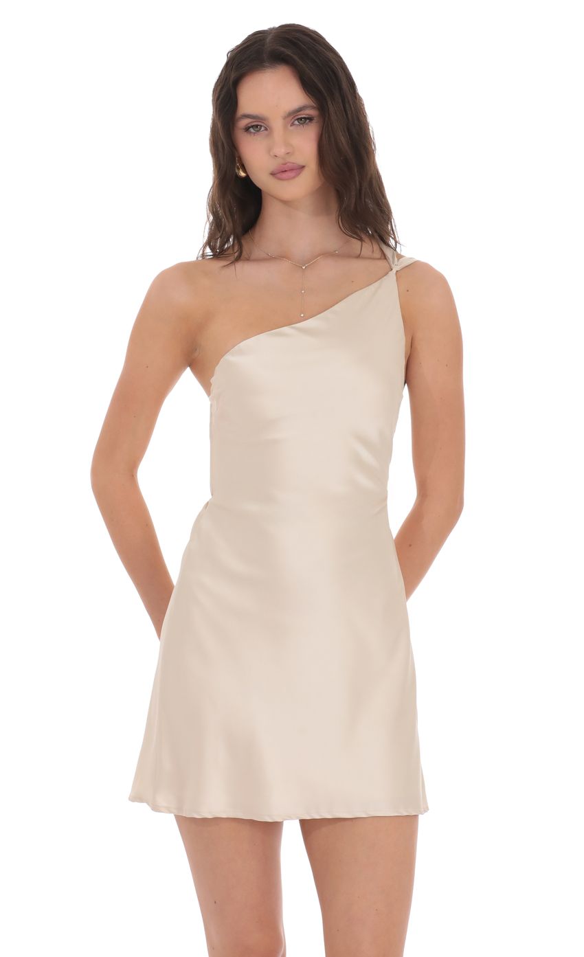 Lucy In The Sky Satin One Shoulder Open Back Dress in Champagne