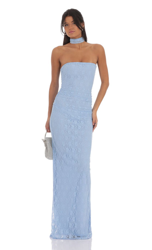 Lucy in the Sky Scarf Lace Maxi Dress in Sky Blue