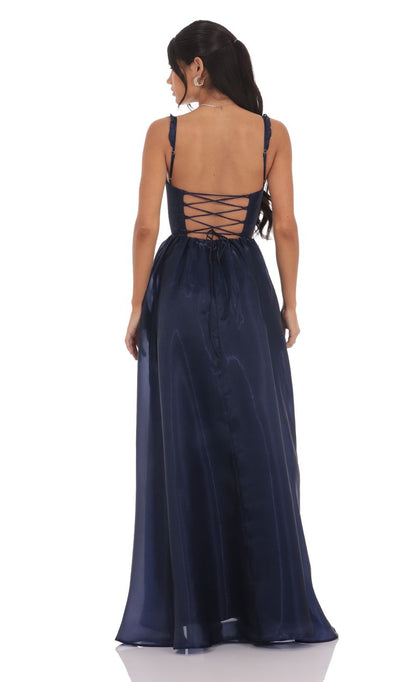 Lucy In The Sky Sheen Corset Maxi Dress in Navy
